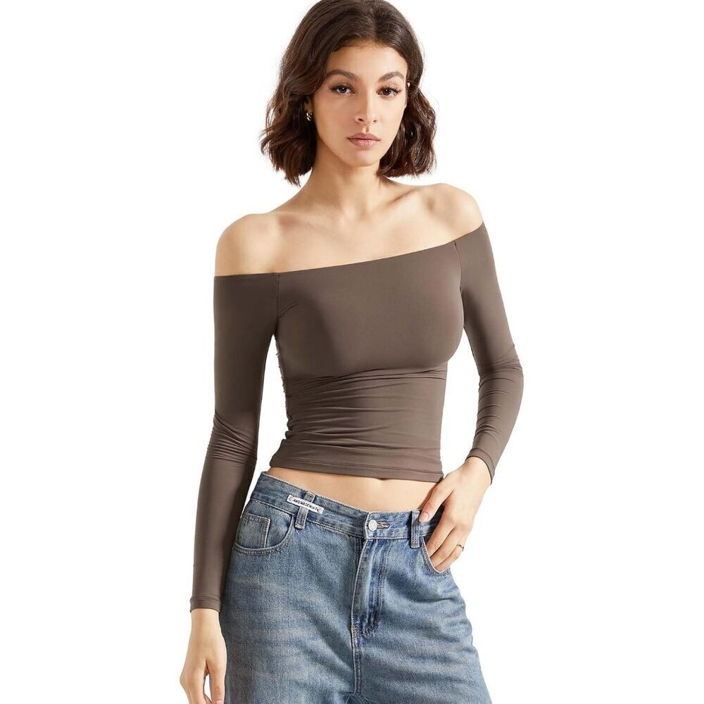 Women Off Shoulder Long Sleeve Top Basic Y2K Going Out Stretchy